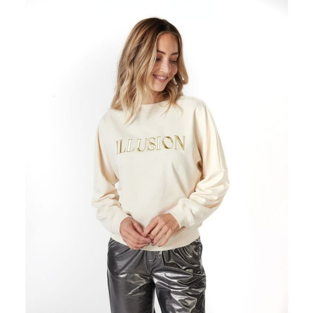 NWT ESQUALO ILLUSION Embroidered Beige & Gold Crewneck Sweater